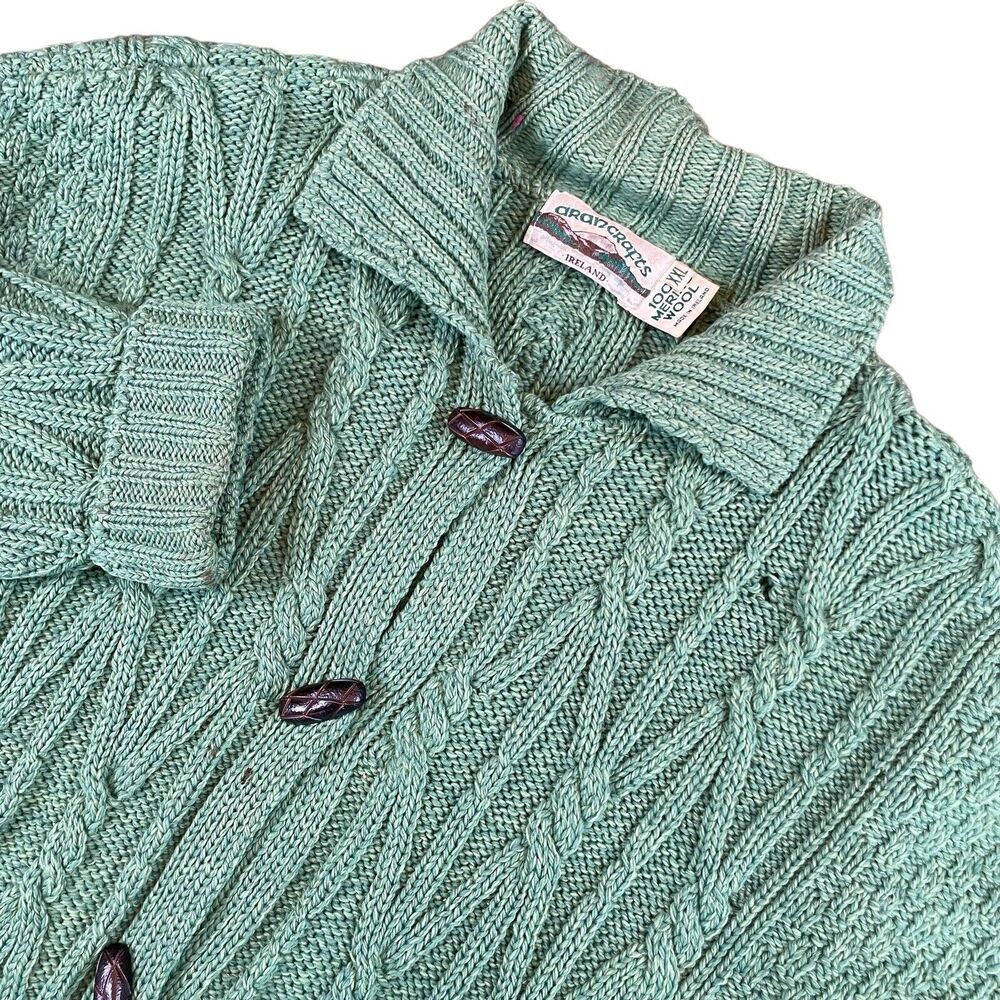 Aran Crafts Women's Bright Green 100% Merino Wool Cable Knit Cardigan Size XXL